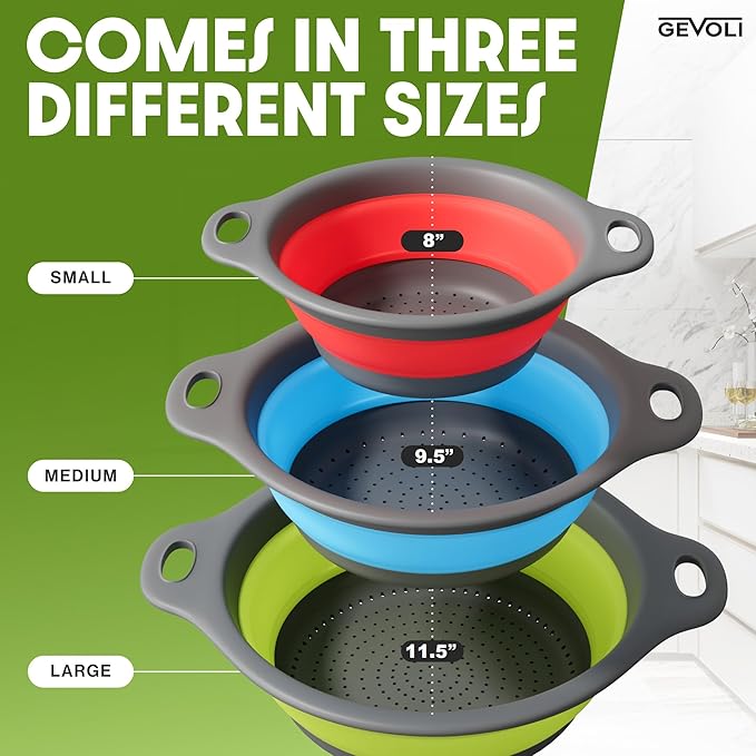 Gevoli Collapsible Colanders with Self-Draining Base for Edge of Sink, Food Strainers (Small/Med/Large), Nested Design for Easy Storage (Red, Blue, Green) (4PC Set) - Image 4