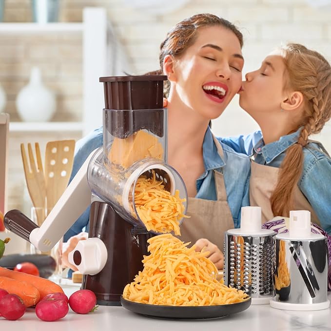 Cambom Rotary Cheese Grater Hand Crank Cheese Shredder for Fresh Cheese, Vegetable, Nuts,Non-slip Suction Base, Free Cleaning Brush Three Blades, Coffe Color - Image 7