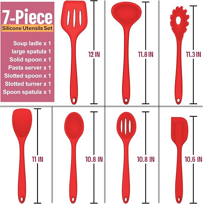 Silicone Cooking Utensils Set, E-far 7-Piece Red Heat Resistant Kitchen Utensils Set, Kitchen Nonstick Tools Spatula Ladle Spoon Pasta Server for Non-stick Cookware, Non-Toxic & Dishwasher safe - Image 4