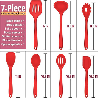 Silicone Cooking Utensils Set, E-far 7-Piece Red Heat Resistant Kitchen Utensils Set, Kitchen Nonstick Tools Spatula Ladle Spoon Pasta Server for Non-stick Cookware, Non-Toxic & Dishwasher safe - Image 4