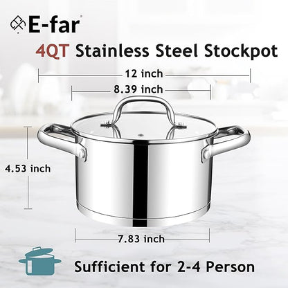E-far 4 Quart Stock Pot with Lid, Stainless Steel Stockpot for Cooking Simmering Soup Pasta Sauce, with Tri-Ply Bottom & Visible Cover, Induction/Gas/Dishwasher Safe, Heavy Duty & Non Toxic - Image 2