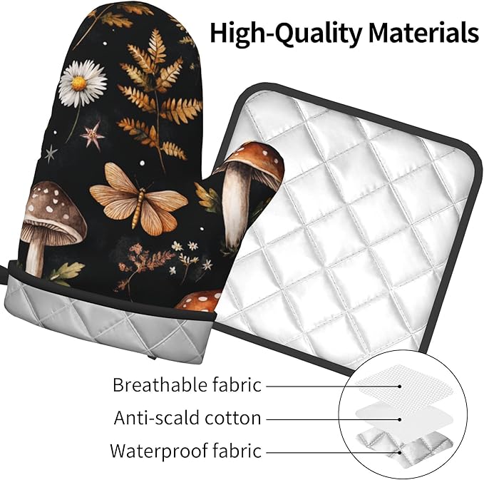 Mushroom Oven Mitts Set – Vintage Pot Holders Kitchen Gloves for Women Farmhouse Kitchen Mitts Floral Herb Potholders Set of 2 Durable for Cooking Baking - Image 4
