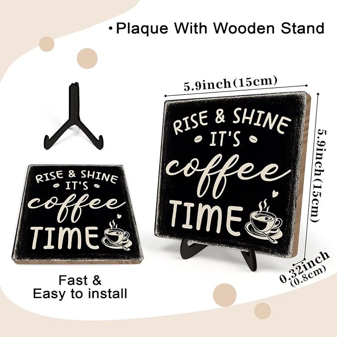 Farmhouse Coffee Bar Sign, Rise & Shine It's Coffee Time Desk Wooden Sign, 5.9"x5.9" Wood Plaque with Stand Gift for Home Kitchen Tabletop Decor,Cafe Bar Decor(Black) - Image 2