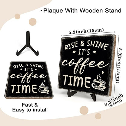Farmhouse Coffee Bar Sign, Rise & Shine It's Coffee Time Desk Wooden Sign, 5.9"x5.9" Wood Plaque with Stand Gift for Home Kitchen Tabletop Decor,Cafe Bar Decor(Black) - Image 2
