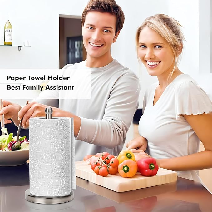 Paper Towel Holder Stand with Sturdy Base Fits Standard and Jumbo Sized Paper Towel, Paper Towel Holder Countertop (Brushed Nickel)
