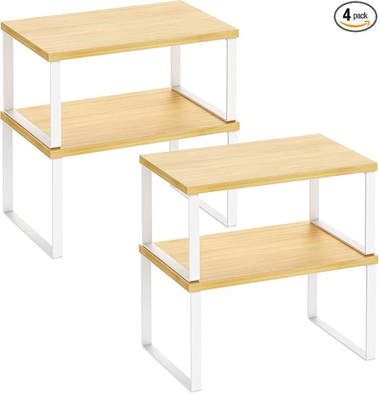 Kitchen Cabinet Organizer Shelf Set of 4, Sturdy Kitchen Counter Shelves with Metal Legs, Stackable Expandable Wood Spice Rack Pantry Cupboard Dish Mug Cup Storage Organizer Shelf,White+Bamboo