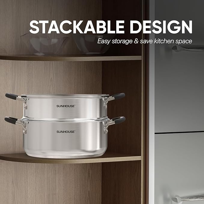 SUNHOUSE - 4.6 Quart Steamer Pots with Lid 2-Tier Multipurpose Stainless Steel Steaming Pot Cookware with Handle for Vegetable, Dumpling, Sauce, Food - Triple Bottom, Measurement Line - Image 8