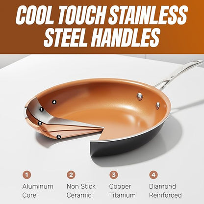 Gotham Steel 12 Pc Ceramic Cookware Set Nonstick, Ceramic Pots and Pans Set Non Stick with Steamer for Cooking, Non Toxic PFOA PFOS Free, Ergonomic Stay Cool Handles, Oven & Dishwasher Safe, Copper