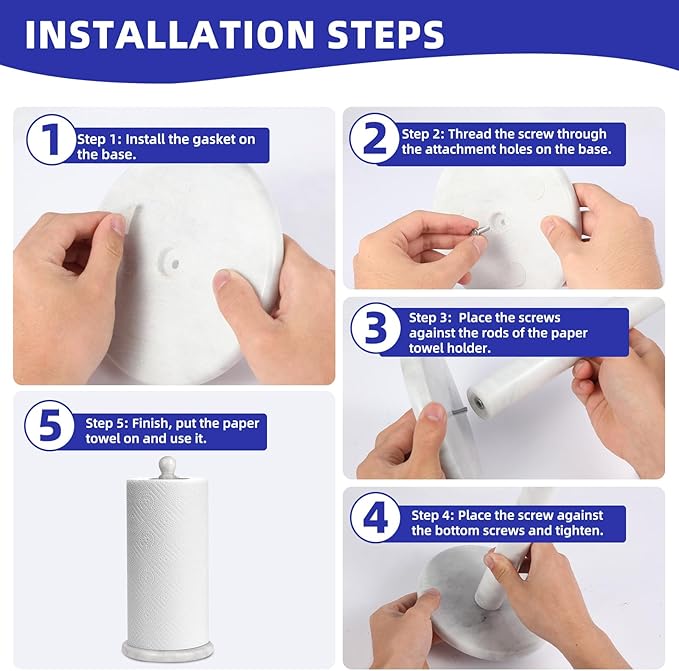 Natural Marble Paper Towel Holder for Kitchen Countertop - 2.6 lbs (1.2kg) Heavy Duty Weighted Base for One-Handed Tearing - Fits Jumbo Rolls - Elegant Modern Design with Ball Top - White & Grey