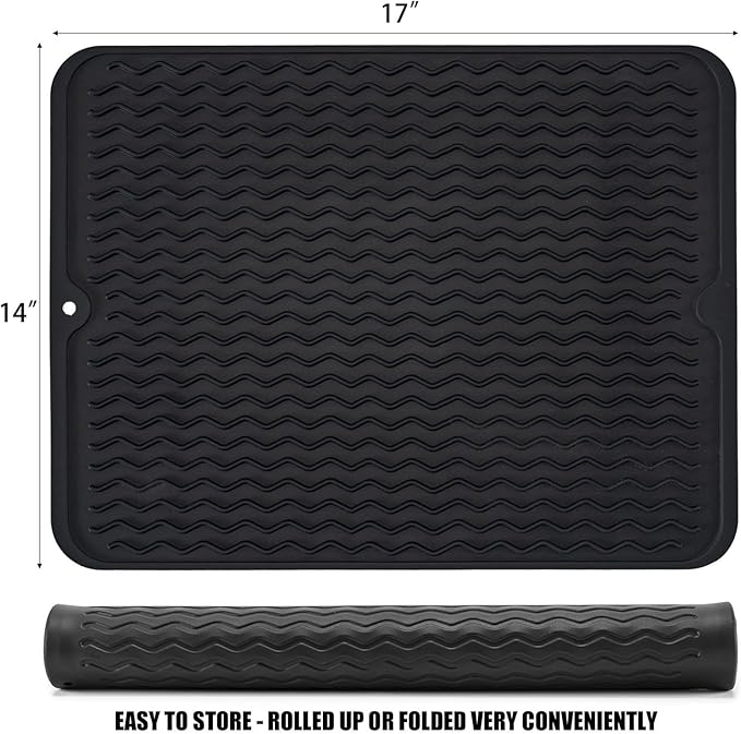 Large 17" x 14" Silicone Dish Drying Mat for Kitchen Counter, Easy clean, Quick Dry, Heat-resistant Dish Drainer Mat for Sink,Refrigerator or Drawer liner (Food Grade Silicone-Black) - Image 2