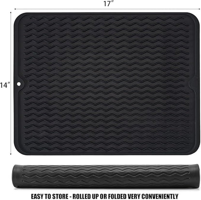 Large 17" x 14" Silicone Dish Drying Mat for Kitchen Counter, Easy clean, Quick Dry, Heat-resistant Dish Drainer Mat for Sink,Refrigerator or Drawer liner (Food Grade Silicone-Black) - Image 2