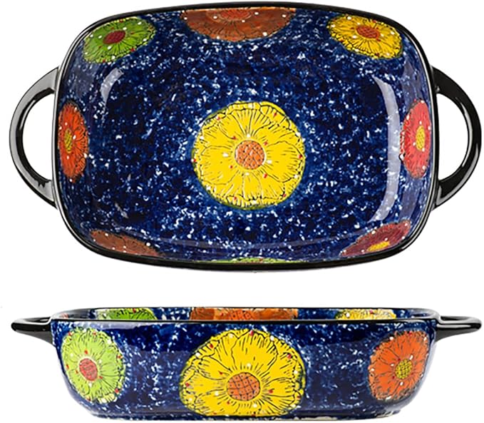 Vintage Style Pottery Bakeware Colorful Daisy Pattern Ceramic Casserole Dish Baking Pan Lasagna Pans Baking Dish with Handles from Oven to Table Plate-1 PCS, 60 OZ by Bicuzat