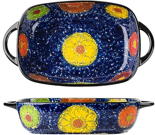 Vintage Style Pottery Bakeware Colorful Daisy Pattern Ceramic Casserole Dish Baking Pan Lasagna Pans Baking Dish with Handles from Oven to Table Plate-1 PCS, 60 OZ by Bicuzat