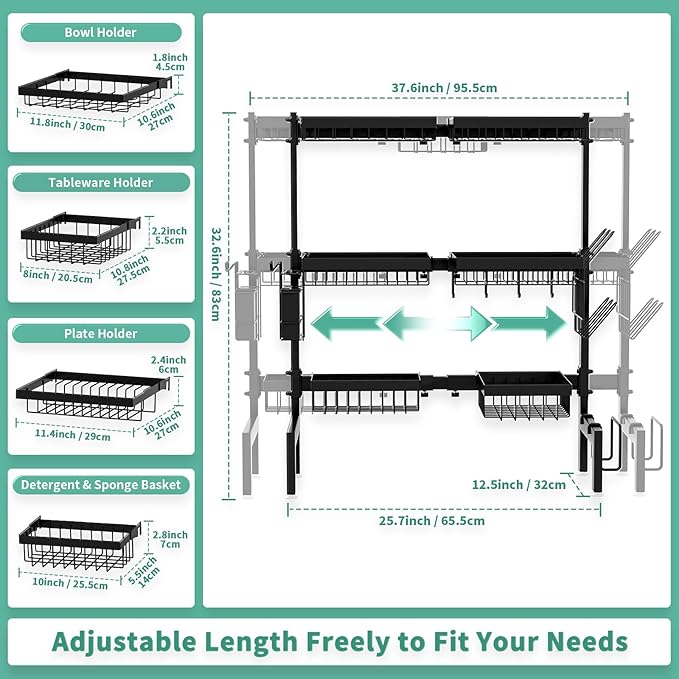 Over The Sink Dish Drying Rack,Expandable Length 3-Tier Large Stainless Steel Over The Sink Dish Rack with 6 Baskets, Utensil Holder Dish Drainers for Kitchen Counter - Image 4