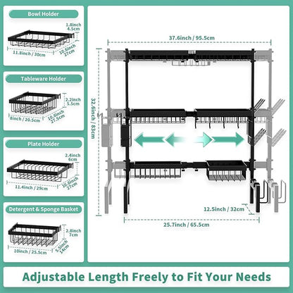 Over The Sink Dish Drying Rack,Expandable Length 3-Tier Large Stainless Steel Over The Sink Dish Rack with 6 Baskets, Utensil Holder Dish Drainers for Kitchen Counter - Image 4