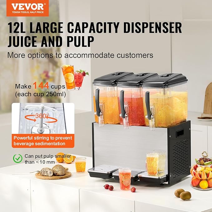 VEVOR Commercial Beverage Dispenser, 3 Tanks 12 L / 12.7 QT Per Tank Juice Dispenser, 370W Stainless Steel Ice Tea Drink Machine with 45°F-54°F Cooling Temperature, for Cold Drink Restaurant Bar Party - Image 2