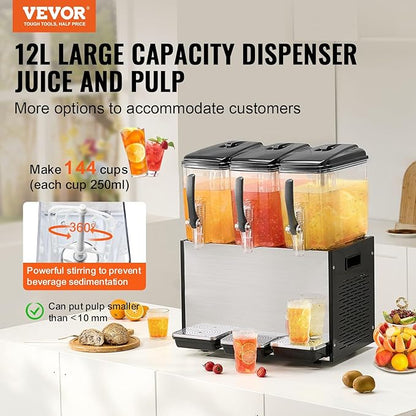 VEVOR Commercial Beverage Dispenser, 3 Tanks 12 L / 12.7 QT Per Tank Juice Dispenser, 370W Stainless Steel Ice Tea Drink Machine with 45°F-54°F Cooling Temperature, for Cold Drink Restaurant Bar Party - Image 2