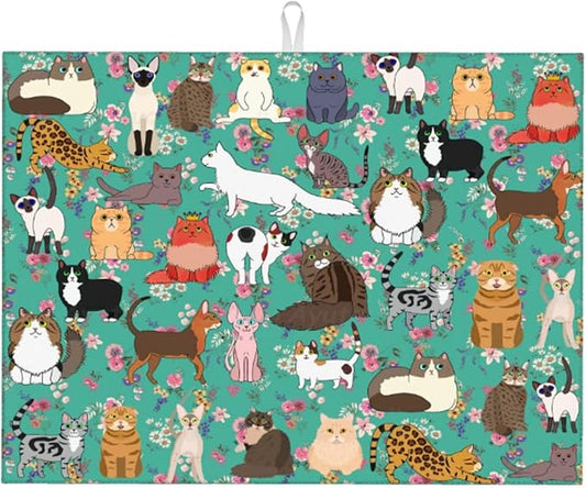 Cat Dish Drying Mat For Kitchen Microfiber Drying Mats Absorbent Reversible Dish Pad Draining Mats For Countertop Coffee Mats 18x24 Inch