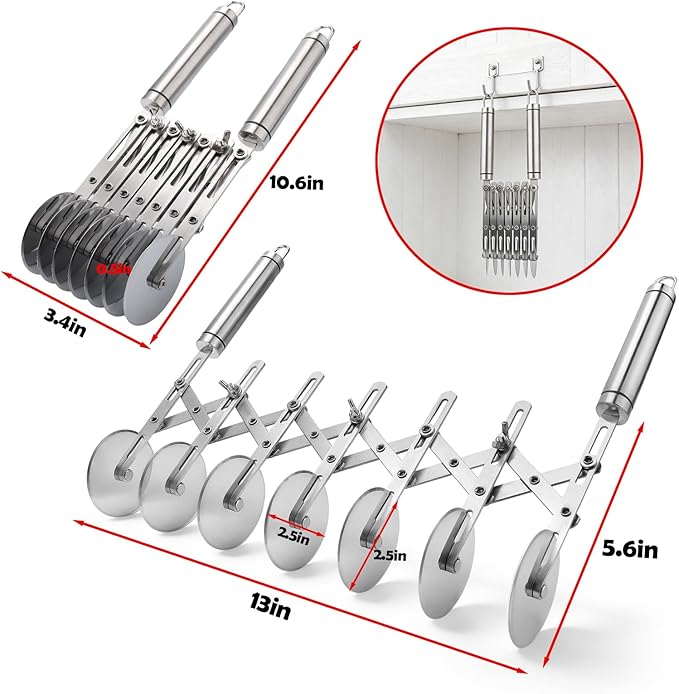 Juome 7 Wheel Pastry Cutter with Handle, Multi-Round Wheel Pasta Dough Cutter Roller Stainless Steel Pizza Slicer Accordion Pastry Knife Divider Tool - Image 3