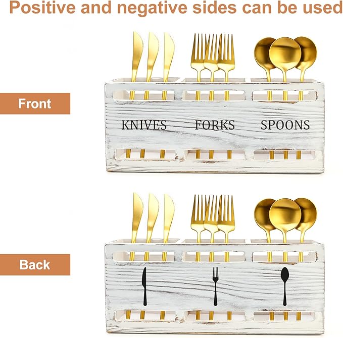 Farmhouse Wooden Utensil Caddy Party Cutlery Silverware Holder Small Wood Utensil Holder for Kitchen Counter Decor Flatware Cutlery Organizer Table Flatware Silverware Caddy Spoon and Fork Organizer - Image 5