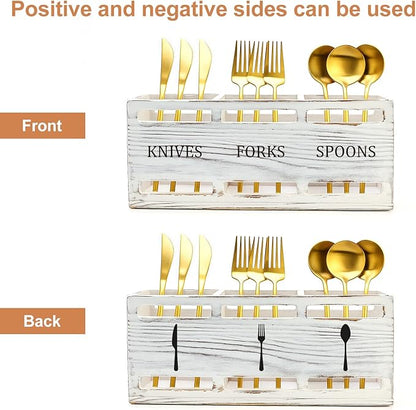 Farmhouse Wooden Utensil Caddy Party Cutlery Silverware Holder Small Wood Utensil Holder for Kitchen Counter Decor Flatware Cutlery Organizer Table Flatware Silverware Caddy Spoon and Fork Organizer - Image 5
