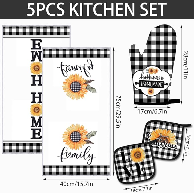 5 Pieces Buffalo Plaid Kitchen Towels Oven Mitts and Pot Holder Set Black and White Kitchen Towels Oven Gloves, Hot Pads Pot Holders for Farm House Accessories Decor(Sunflower) - Image 2