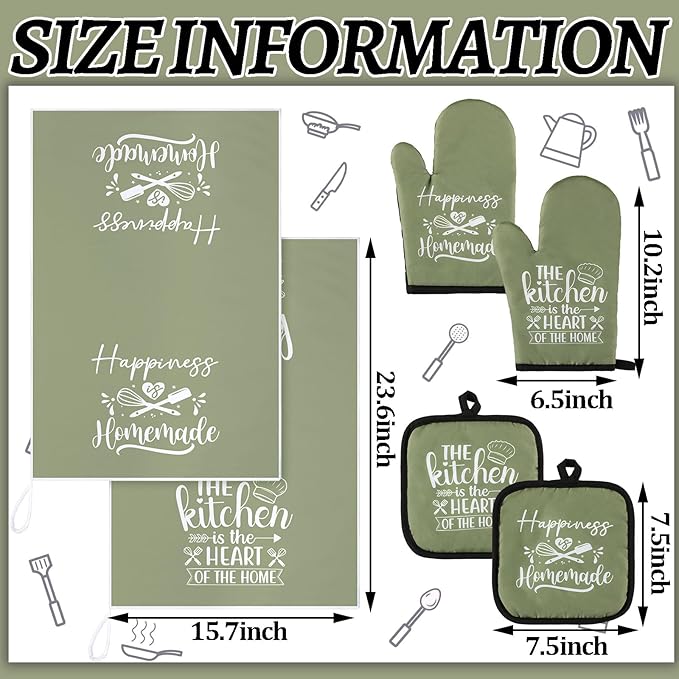 Sratte 6 Pcs Kitchen Decor Accessories Set Farmhouse Towels Pot Holders Oven Mitts Set 2 Dish Towels 2 Potholders 2 Cooking Mittens Oven Glove for Christmas Baking Cooking Supply(Green,Kitchen) - Image 4