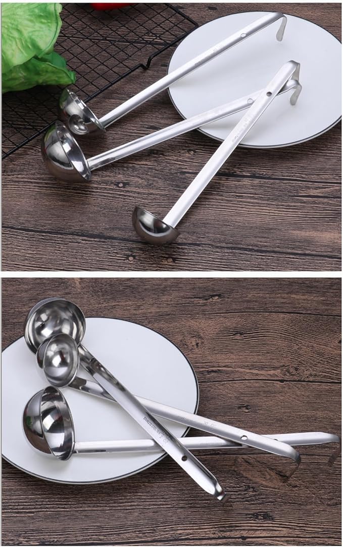 3 Pcs 1 oz Stainless Steel Soup Ladle Set, Long Handle Serving Spoons with Hooked Handles, Kitchen Cooking Utensils for Sauce Gravy Stew - Image 5