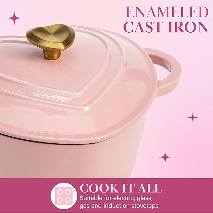 Paris Hilton Enameled Cast Iron Dutch Oven Heart-Shaped Pot with Lid, Dual Handles, Works on All Stovetops, Oven Safe to 500°F, 4-Quart, Pink - Image 5