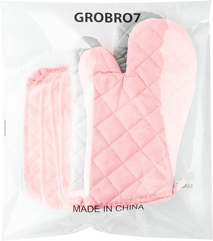 GROBRO7 6Pcs Cotton Oven Mitts and Pot Holders Set Heat Resistant Hot Pads Durable Pocket Pot Holder Machine Washable BBQ Gloves with Hanging Loop for Safe Kitchen Baking Cooking Grilling Pink - Image 8