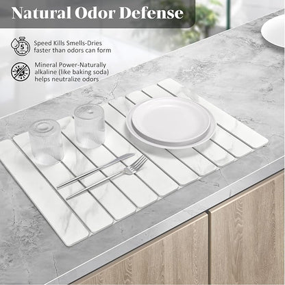2 PCS Large Stone Dish Drying Mats for Kitchen Counter, 24"(L)×16"(W) Marble-Pattern Dish Drying Mat with 8"x 4" Coasters, Eco-Friendly Diatomite Dish Drying Mat - Fits All Countertops - Image 3