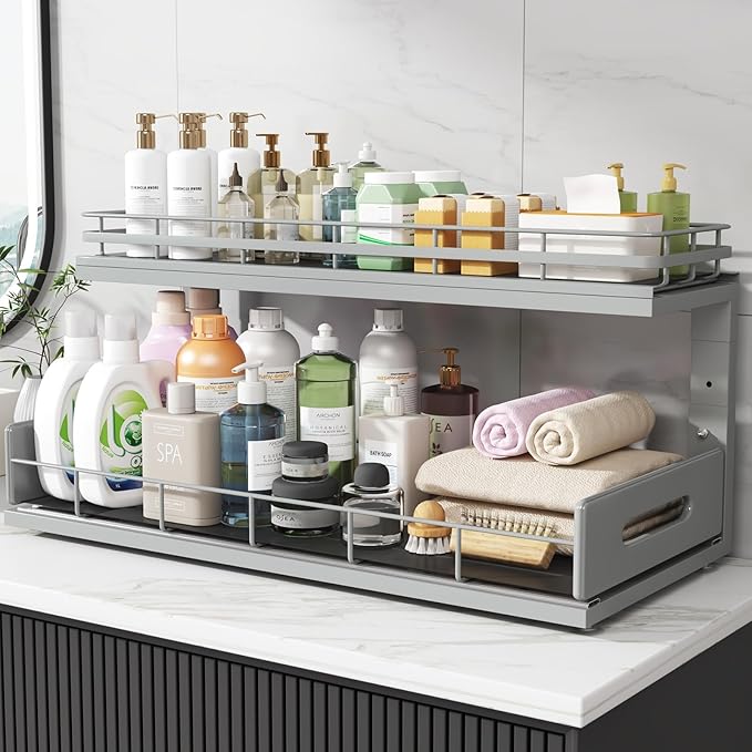 Under Sink Organizer Upgrade To Professional Rails,2-Tier Dual Pull Out Cabinet Storage,Height Adjustable Slide Out Drawers For Bathroom Kitchen,2 Pack-21"Dx12.8"-16.9"H,Gun Gray - Image 8