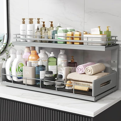 Under Sink Organizer Upgrade To Professional Rails,2-Tier Dual Pull Out Cabinet Storage,Height Adjustable Slide Out Drawers For Bathroom Kitchen,2 Pack-21"Dx12.8"-16.9"H,Gun Gray - Image 8