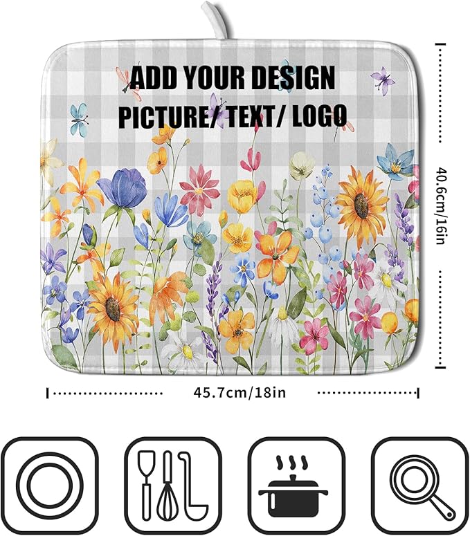 Giwawa 16"x18" Customized Dish Drying Mat Custom Image Dish Drainer Mats for Kitchen Personalized Photo Text Logo Microfiber Reversible Dish Drying Rack Pad for Countertop Tabletop Small Decor