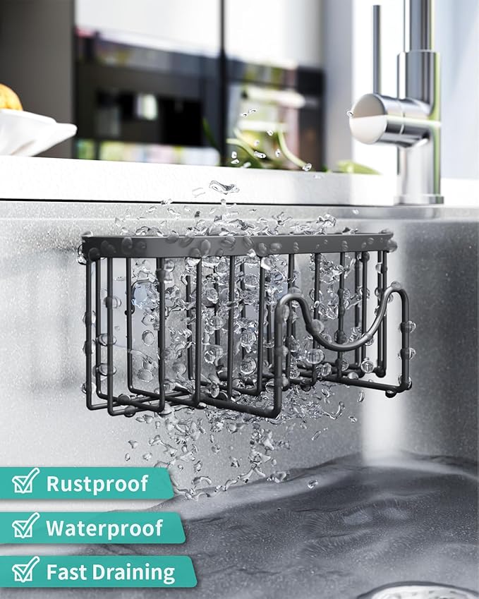 HapiRm Kitchen Sponge Holder for Sink - 2 Installation Methods Kitchen Sink Caddy Organizer with Unique M-Shaped, Rustproof Stainless Steel Sponge Caddy - Black（Large） - Image 4