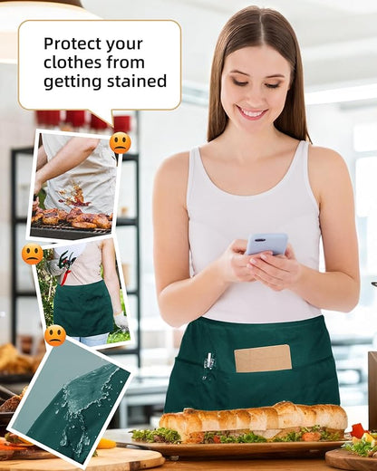 Argstar 2 Pack Server Apron with 4 Pockets, Waitress Waiter Waist WaterDrop Resistant Short Aprons