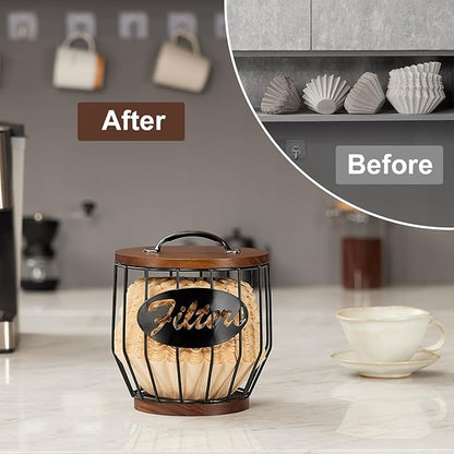 Yangbaga 8-12 Cup Coffee Filters Holder with Wood Lid,Large Capacity Coffee Filter Storage Canister Container Basket,Black Wire K Cup Storage Basket,Coffee Bar Accessories decor - Image 6