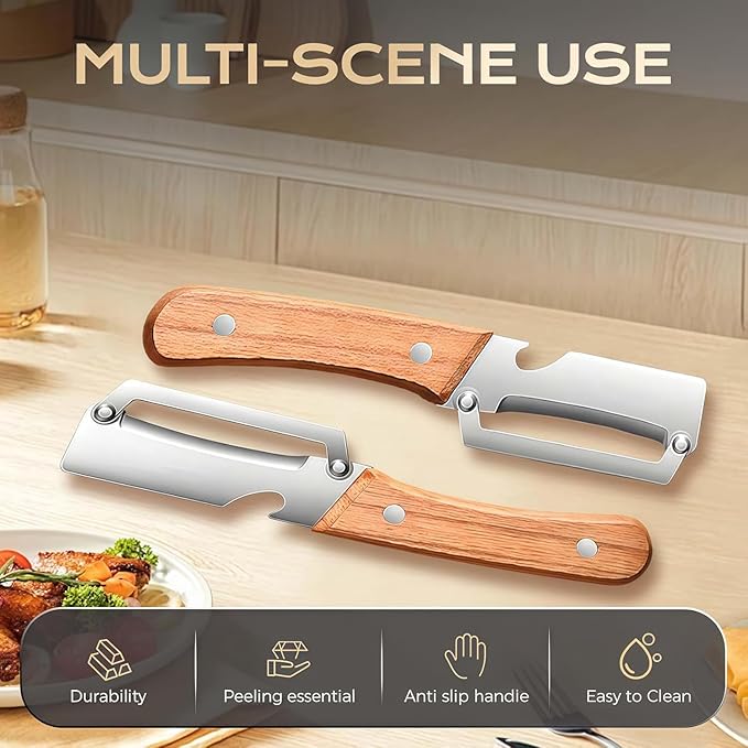2Pcs Multifunctional Vegetable Peeler for Kitchen, 2-in-1 Stainless Steel Vegetable Peeler with Wooden Handle and Bottle Opener, Stainless Steel Blade, Non-Slip Kitchen Vegetable and Fruit Peeler - Image 2