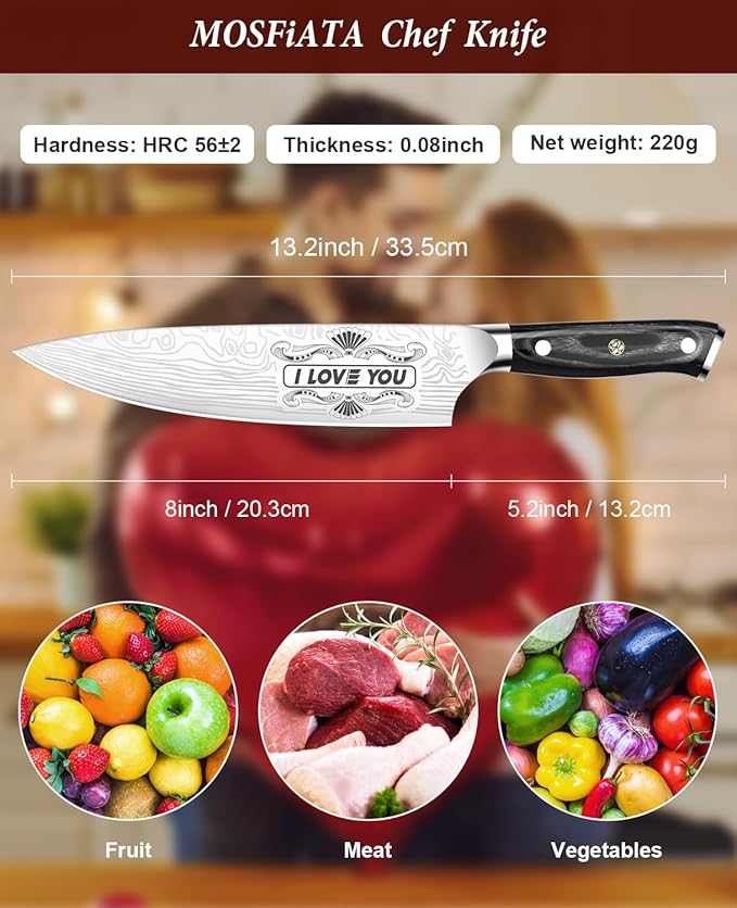MOSFiATA Gifts for Men Women Christmas, 8" Sharp Kitchen Knife Set with Sheath Professional German EN1.4116 Stainless Steel, Chef Gifts for Best Dad Mom Birthday, Anniversary Xmas Gift Box-I Love You - Image 3