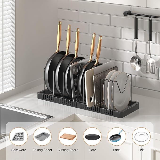 PanPanPal Pots and Pans Organizer under Cabinet, Expandable Pot Lid Organizer Holder with 12 Adjustable Compartment, Pan Organizers inside Cabinet for Lids, Bakeware, Kitchen Storage Pot Rack, Black - Image 3