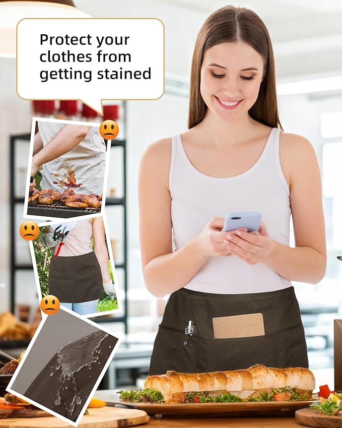 Argstar 2 Pack Server Apron with 4 Pockets, Waitress Waiter Waist WaterDrop Resistant Short Aprons