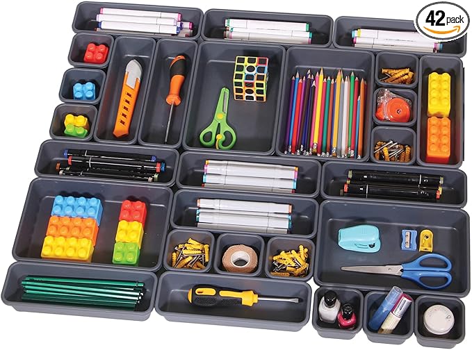 TENABORT 42 Pack Interlocking Desk Drawer Organizer Tray Dividers Plastic Shallow Narrow Drawers Organizers Separators Storage Bins Container for Kitchen Bathroom Makeup Office Vanity Dresser by TENABORT