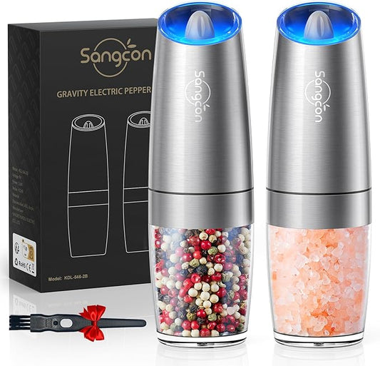Sangcon Gravity Electric Pepper and Salt Grinder Mill Set Automatic Shakers Grinder with LED Light, Battery Powered Adjustable Coarseness One Hand Operation, Random X or XL Capacity by Sangcon