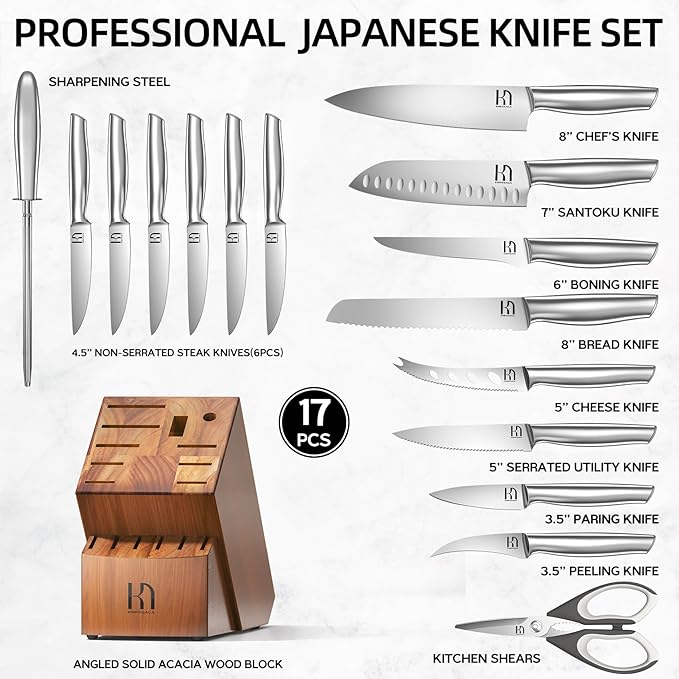 KnifeSaga Kitchen Knife Set with Block 17 Pcs, Knife Block Set, Japanese High Carbon Stainless Steel Knives Set for Kitchen with Sharpener, Razor Sharp Premium Block Knife Sets - Image 6