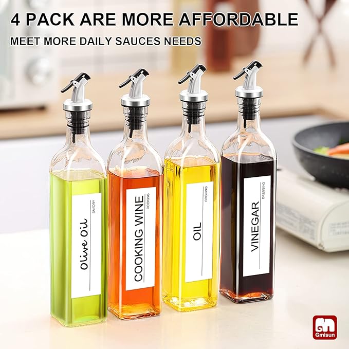 gmisun Olive Oil Dispenser for Kitchen, 4 Pack 17 fl oz Glass Oil Dispensers Bottle, Cooking Soy Sauce Bottle Container Cruet with Plastic Pourer Spout, Funnel and Labels, Clear - Image 7
