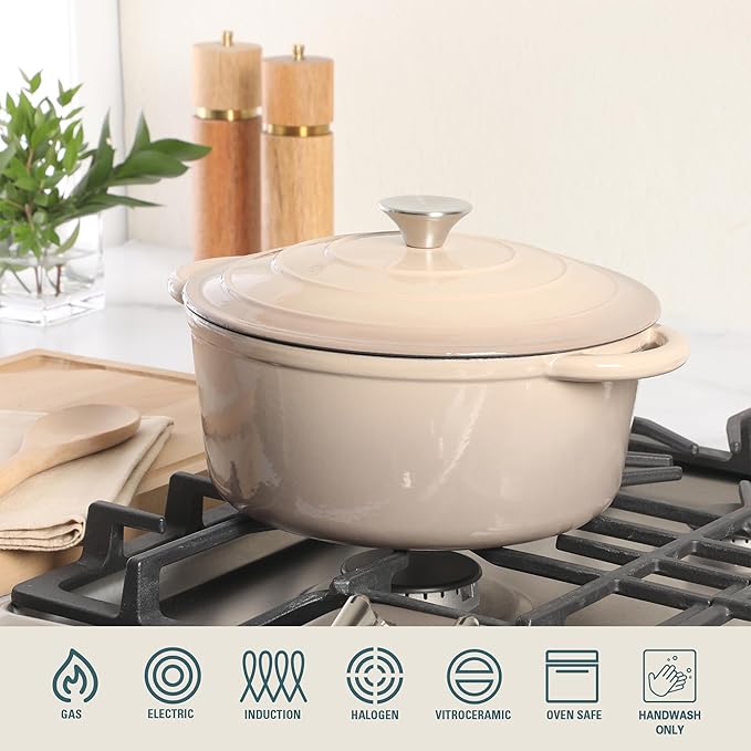 Gibson Home Addlestone 5 Qt Enameled Cast Iron Dutch Oven Pot with Lid – Round, Oven Safe to 500°F, Ideal for Bread Baking & Stews - Gradient Taupe - Image 4