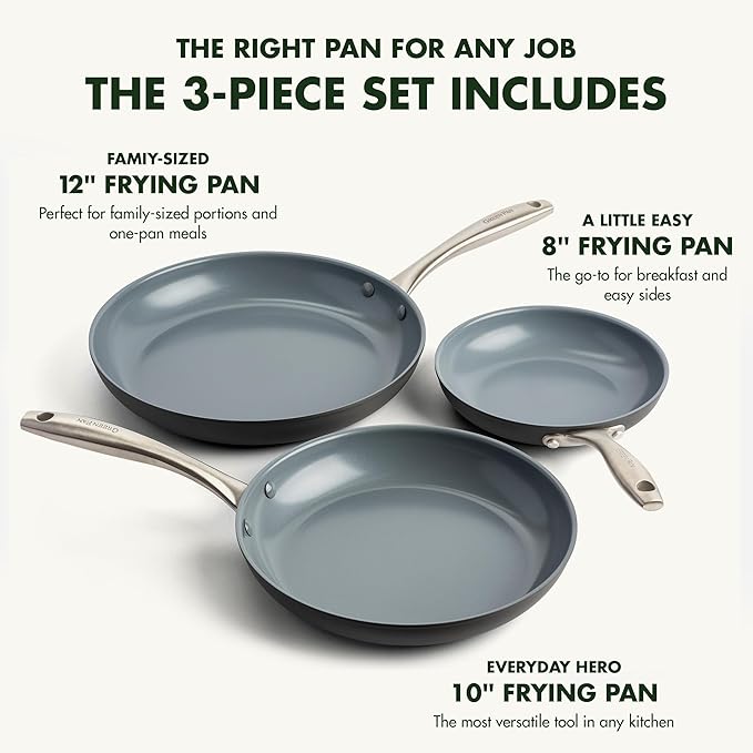GreenPan Lima Hard Anodized 8" 10" & 12" Frying Pan Skillet Set, Ceramic Nonstick, PFAS-Free Nontoxic Pots & Pans, Oven & Broiler Safe, Stainless Steel Handles, Cookware for Eggs & Omelet, Gray - Image 3