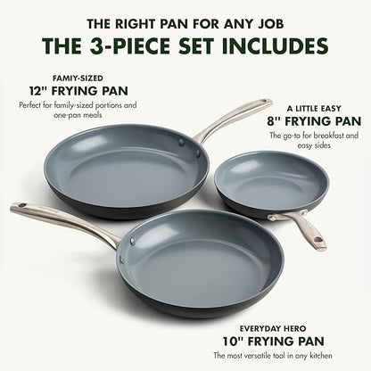 GreenPan Lima Hard Anodized 8" 10" & 12" Frying Pan Skillet Set, Ceramic Nonstick, PFAS-Free Nontoxic Pots & Pans, Oven & Broiler Safe, Stainless Steel Handles, Cookware for Eggs & Omelet, Gray - Image 3