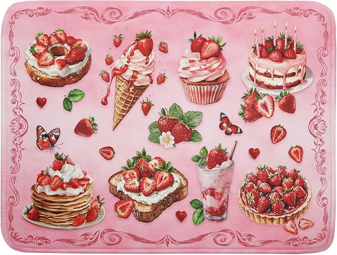 Strawberry Dish Drying Rack Mat Pink Absorbent Microfiber Dish Drying Mat for Kitchen Counter 18x24 In by Giwawa