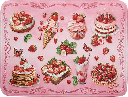 Strawberry Dish Drying Rack Mat Pink Absorbent Microfiber Dish Drying Mat for Kitchen Counter 18x24 In by Giwawa